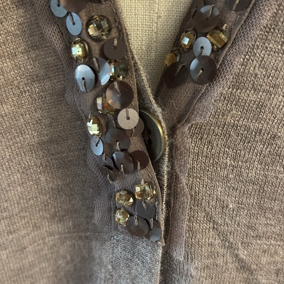 LOFT Taupe brown Cardigan with Sequin Trim wool blend lightweight button down M - Picture 5 of 13